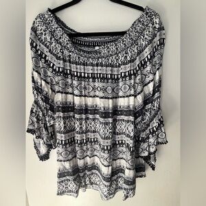 Poppi Black & White Bohemian Print Blouse Women’s Size 2X